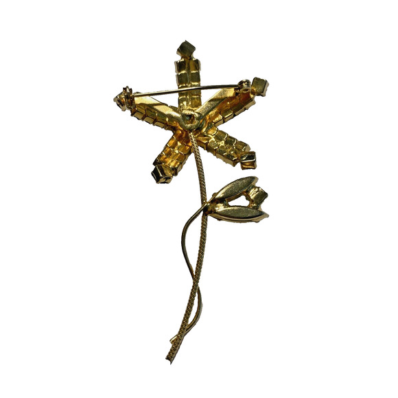 Vintage Mid Century Brooch Flower Power Pin Delicate Gold Blue Aqua Rhinestones - Picture 4 of 9